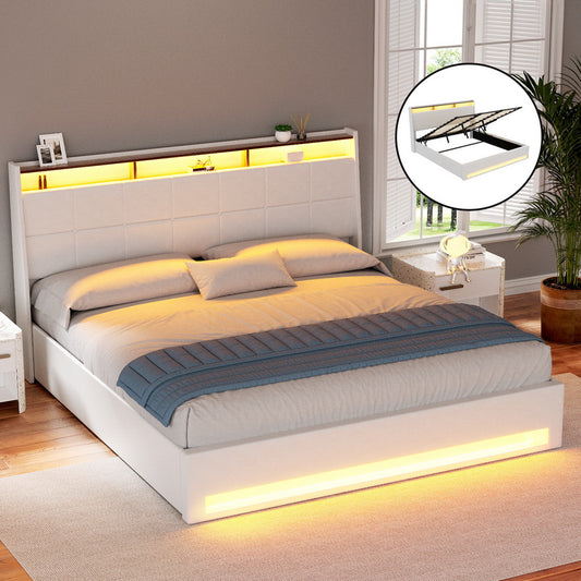 Viera Bed Frame Gas Lift LED Beds Base Platform White PVC Leather Storage Headboard - White King