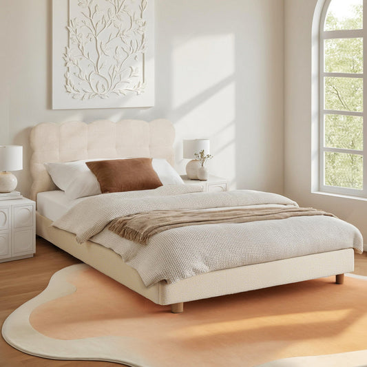 Cozya Bed Frame Cloud Headboard Boucle Fabric Platform Base - White King Single