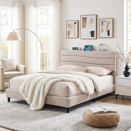 Bellona Bed Frame with Storage Adjustable Headboard Platform Linen Fabric Charging Ports - White Queen