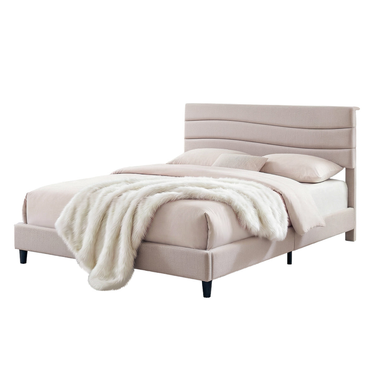 Bellona Bed Frame with Storage Adjustable Headboard Platform Linen Fabric Charging Ports - Beige Queen