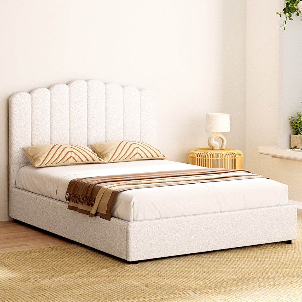 Belfast Double Bedroom Suite 5 Piece 1x Double Mattress 1x Bouclé Double Bed Frame 2x Rattan Bedside Tables and 1x Rattan Tallboy