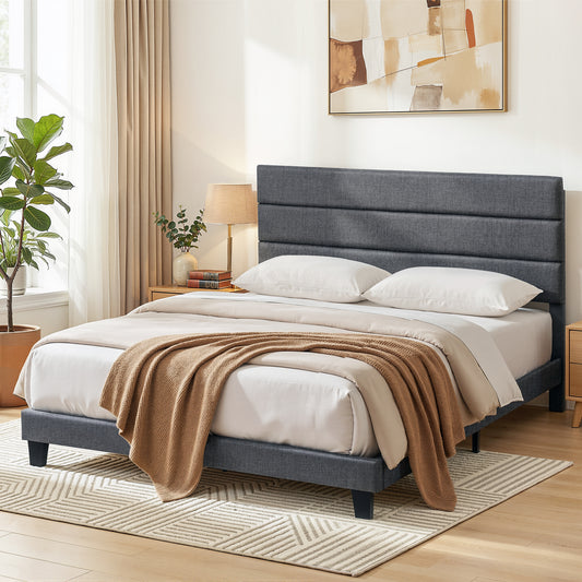 Liora Upholstered Bed Frame with Geometric Headboard Linen Wood Slats - Charcoal Grey King
