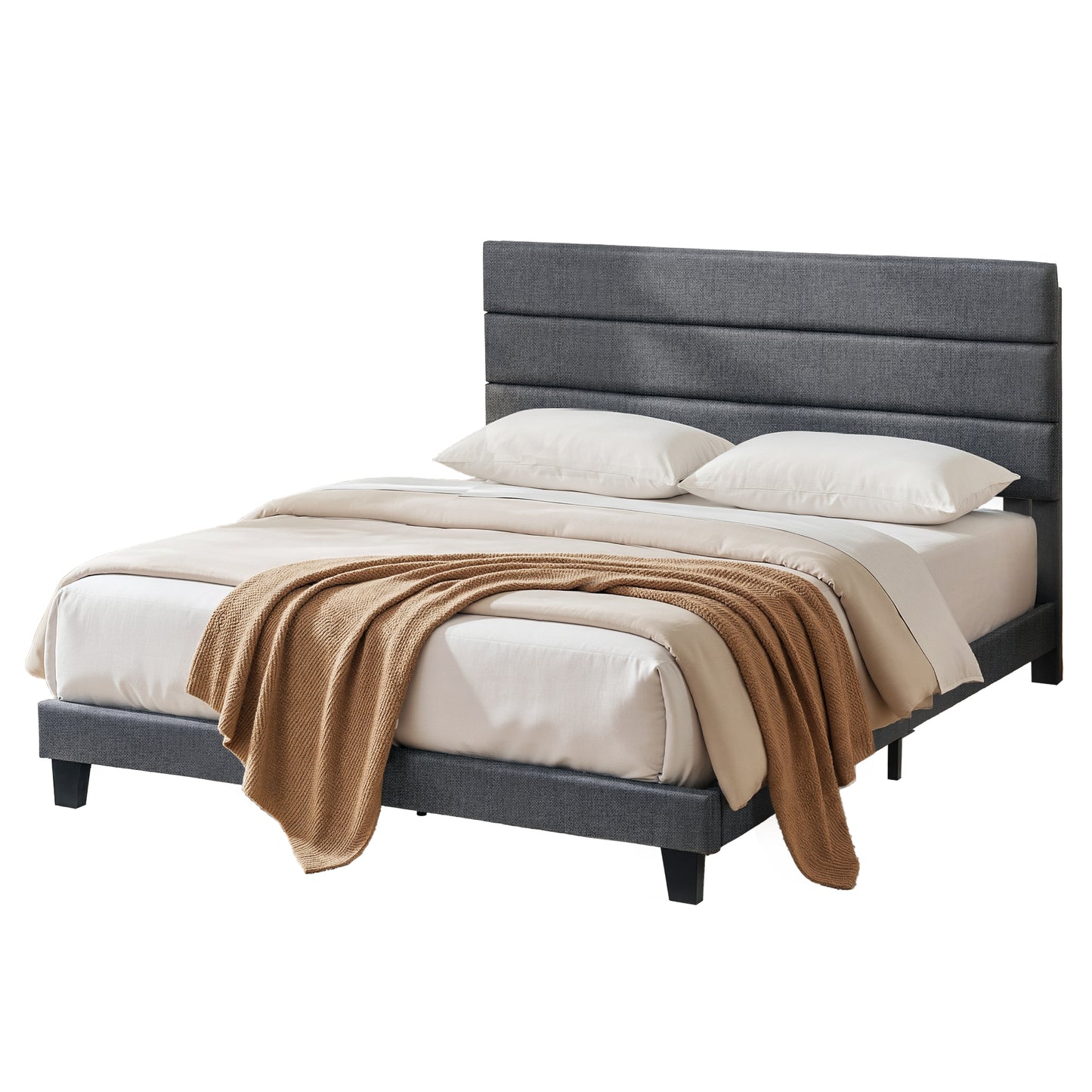 Liora Upholstered Bed Frame with Geometric Headboard Linen Wood Slats - Charcoal Grey King