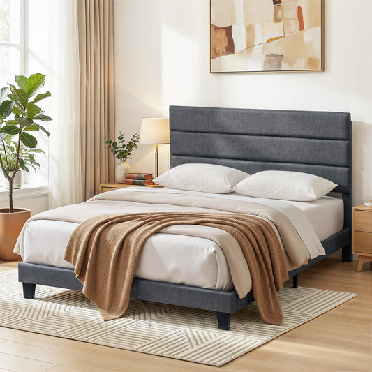 Liora Upholstered Bed Frame with Geometric Headboard Linen Wood Slats - Charcoal Grey Queen