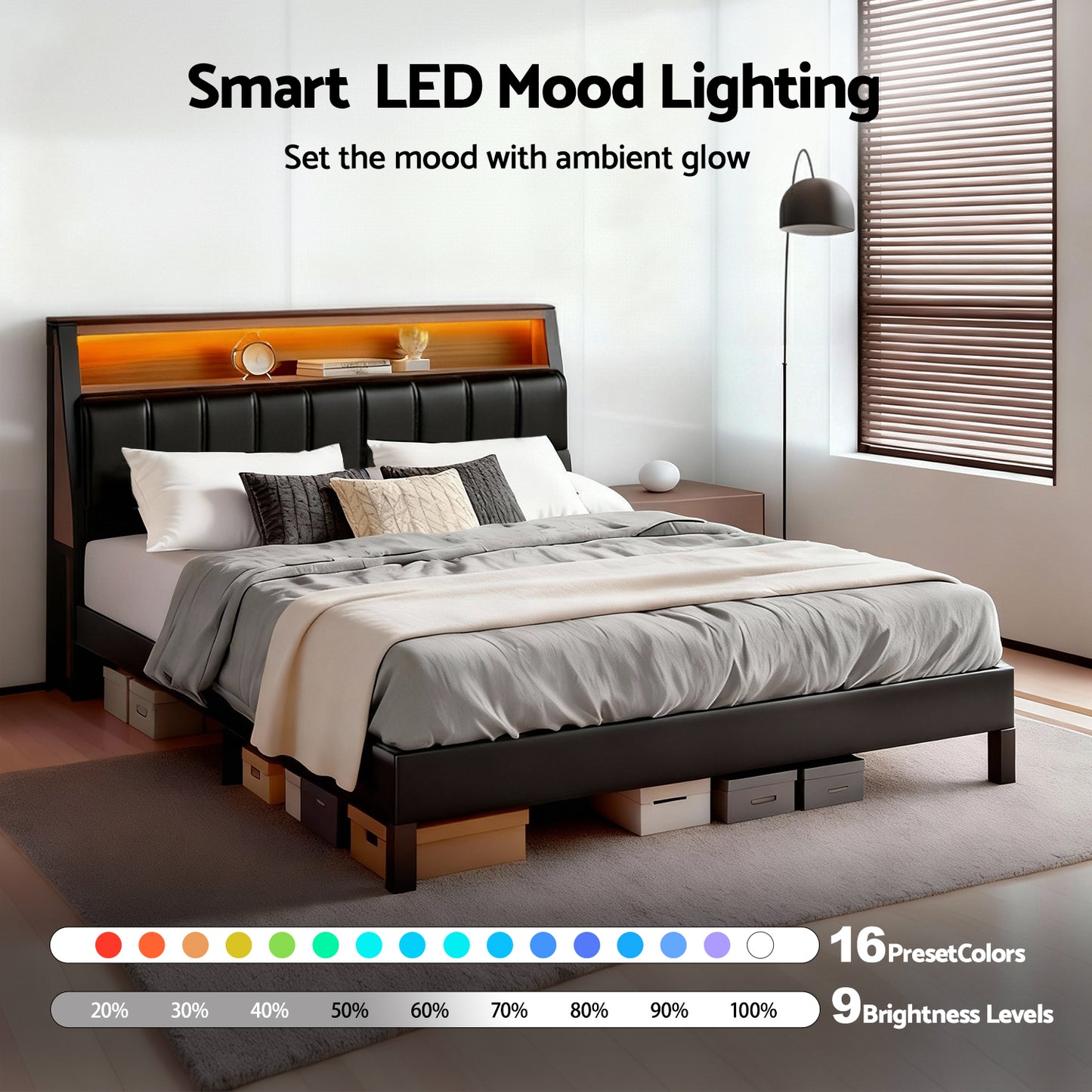 Rowan Bed Frame LED Storage Headboard with Charging Station - Black Double