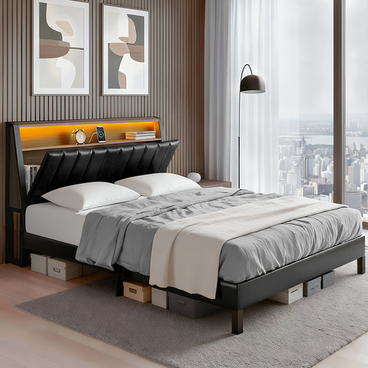 Rowan Bed Frame LED Storage Headboard with Charging Station - Black Queen