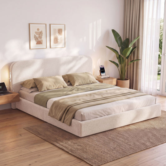 Amoret Bed Frame with 100cm Bouclé Headboard USB-C & Night Lights - White King