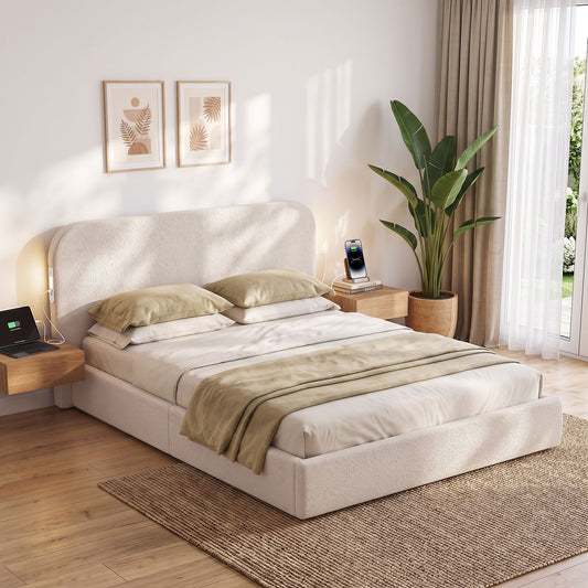 Amoret Bed Frame with Bouclé Headboard USB-C Charging & Night Lights - White Queen