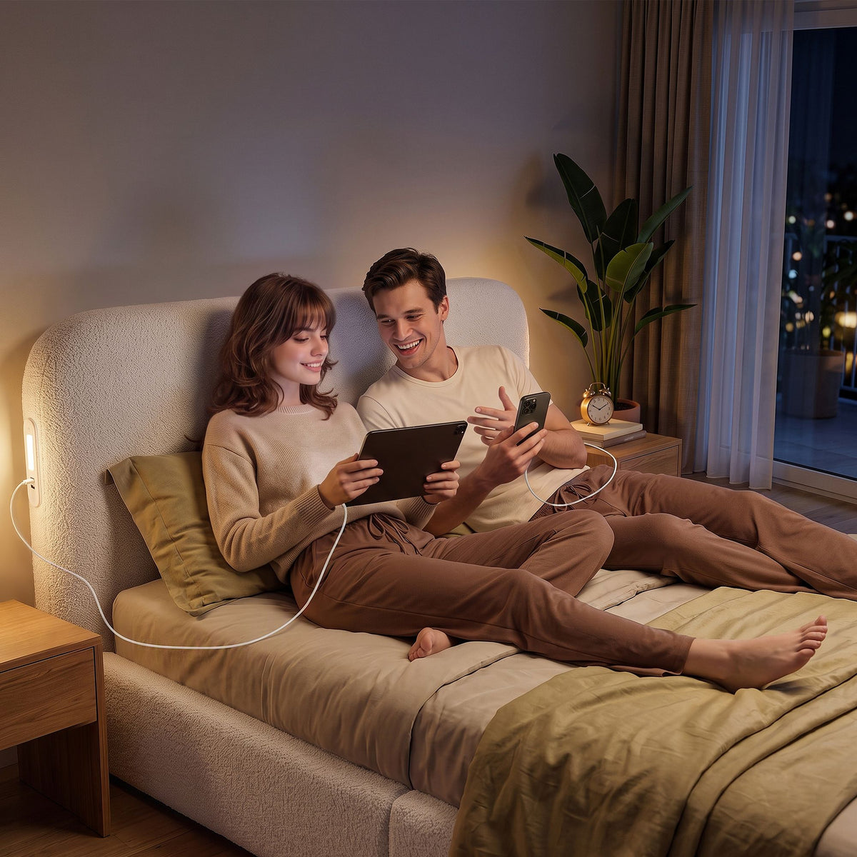 Amoret Bed Frame with Bouclé Headboard USB-C Charging & Night Lights - White Queen