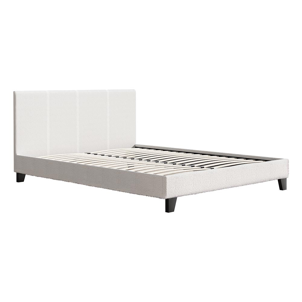 Sean Bed Frame Fabric Bouclé Platform Wooden - White Queen
