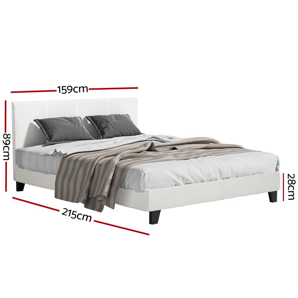 Sean Bed Frame Fabric Bouclé Platform Wooden - White Queen