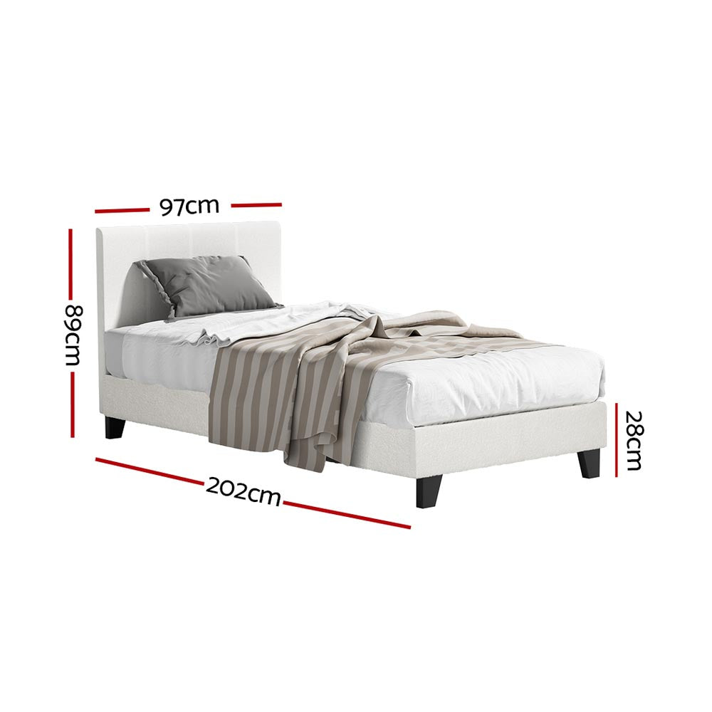 Sean Bed Frame Fabric Bouclé Platform Wooden - White Single