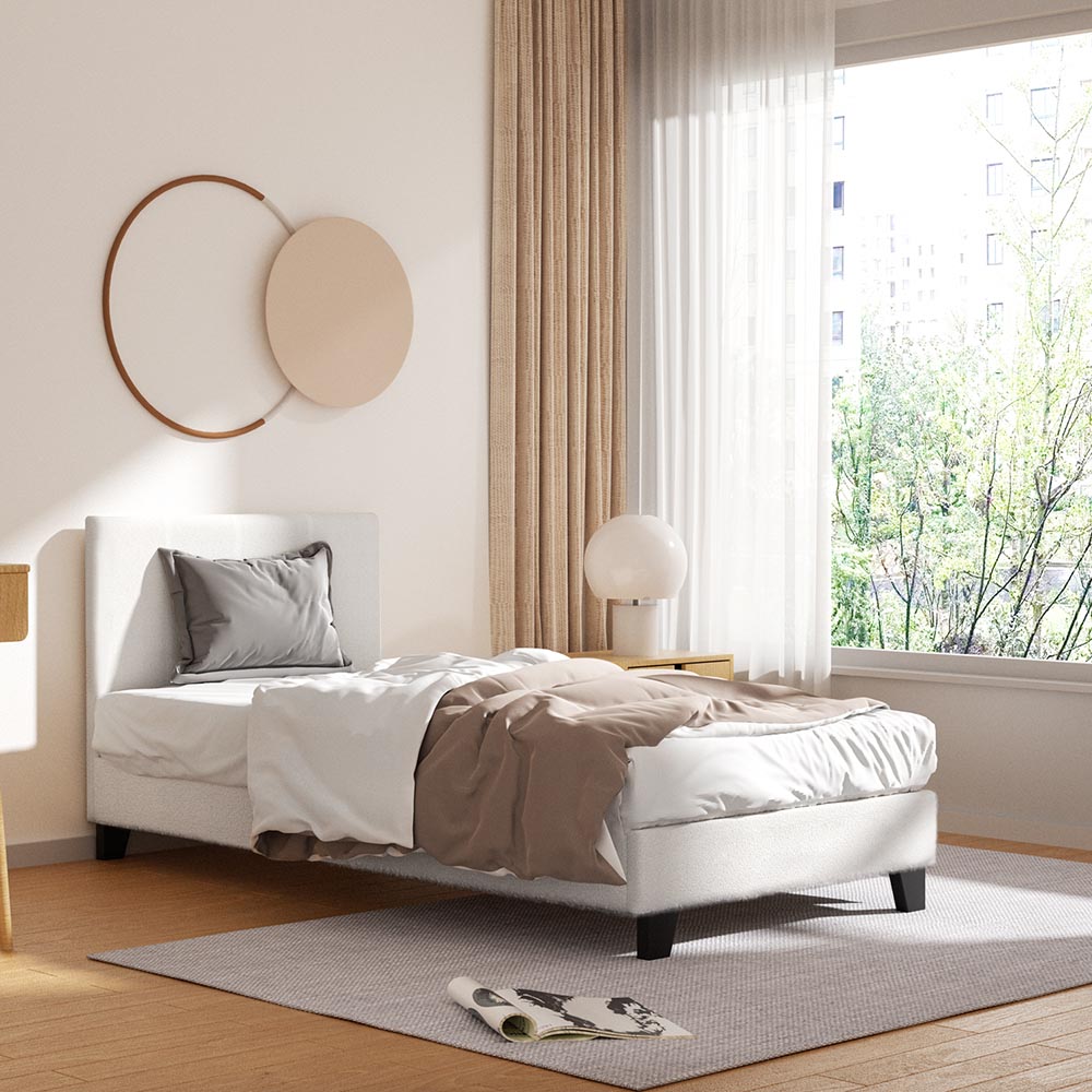 Sean Bed Frame Fabric Bouclé Platform Wooden - White Single