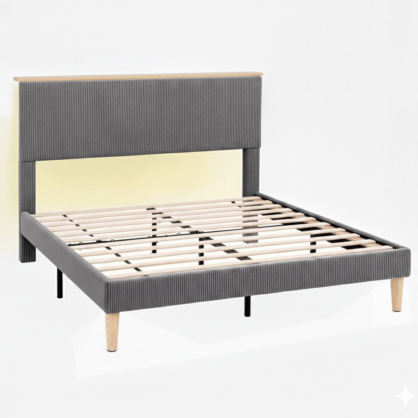 Briar Bed Frame Upholstered Adjustable Headboard Mood LED - Grey Queen