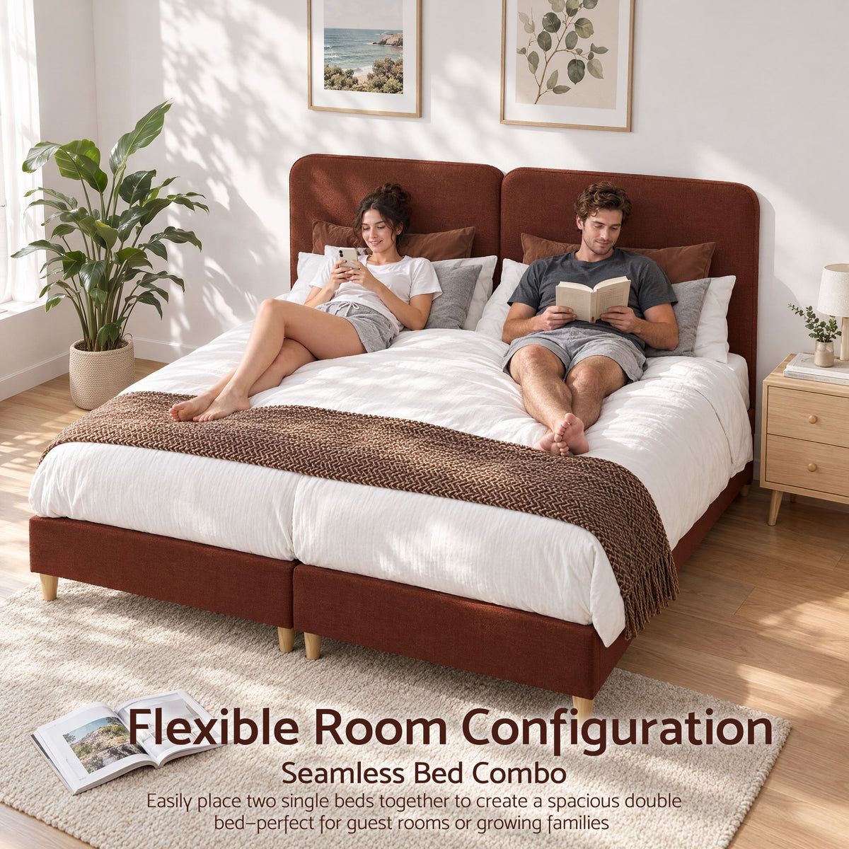 Maelis Bed Frame with Headboard Faux Linen Fabric - Brown Single
