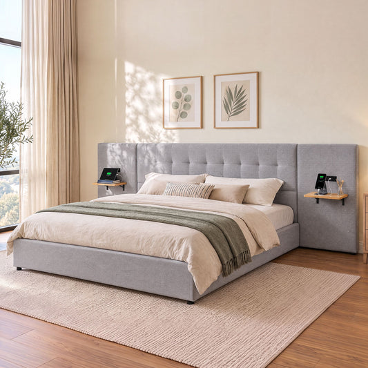 Ottilie Bed Frame with Wide Headboard Floating Shelves and USB - Grey King