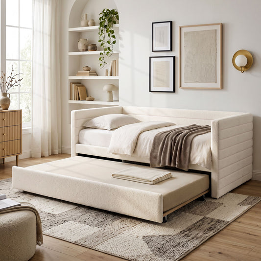 Belize Daybed with Trundle Boucle Upholstered Bed Frame Guest Bed - White King Single