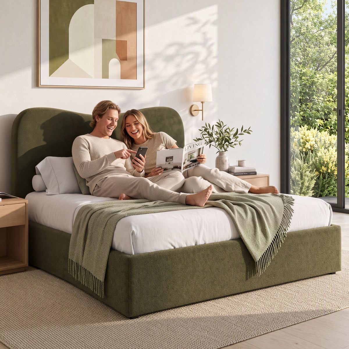 Solmira Bed Frame with Storage Drawer Chenille Curved Headboard - Green Queen