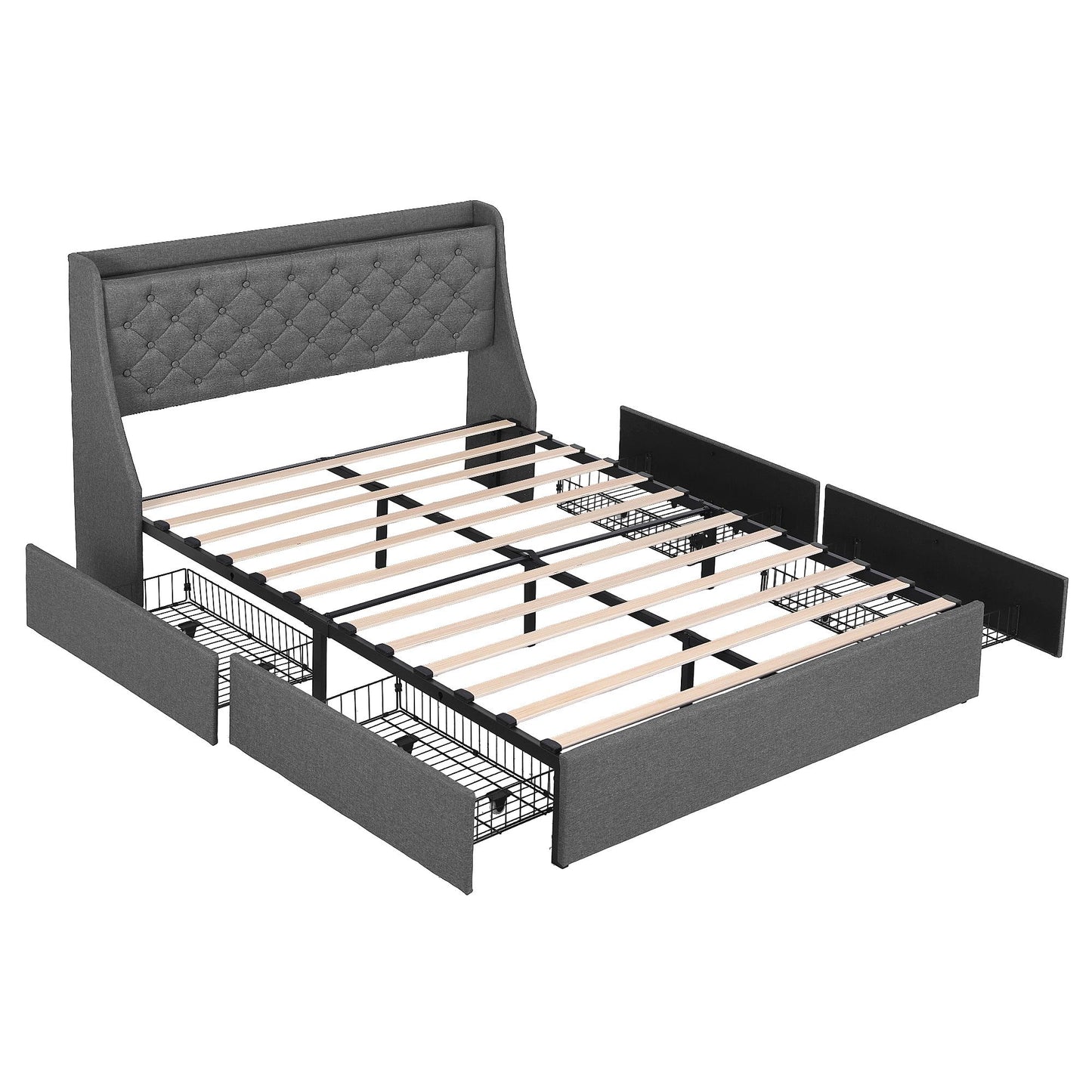 Celeste Bed Frame with 4 Storage Drawers and Charging Station Tufted Wingback Headboard - Grey Double