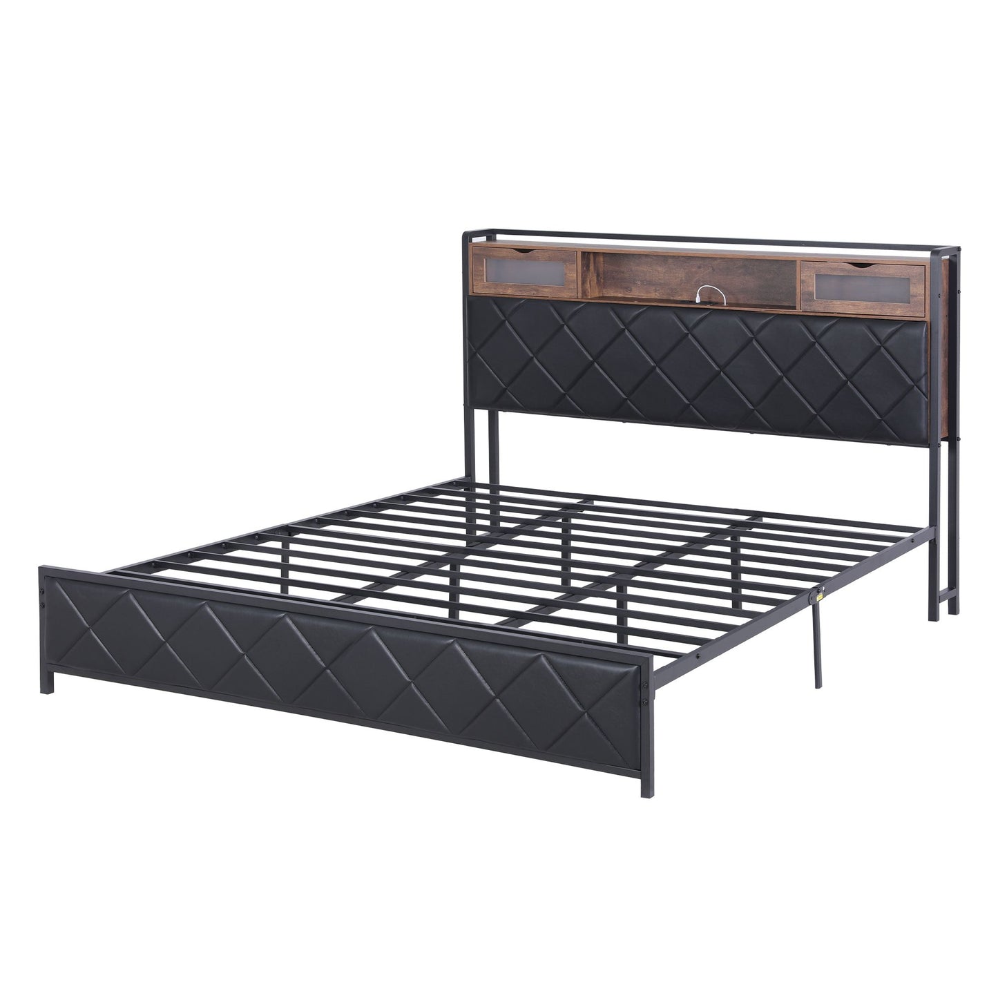 Muse Bed Frame with LED Lights Storage Headboard - Black King
