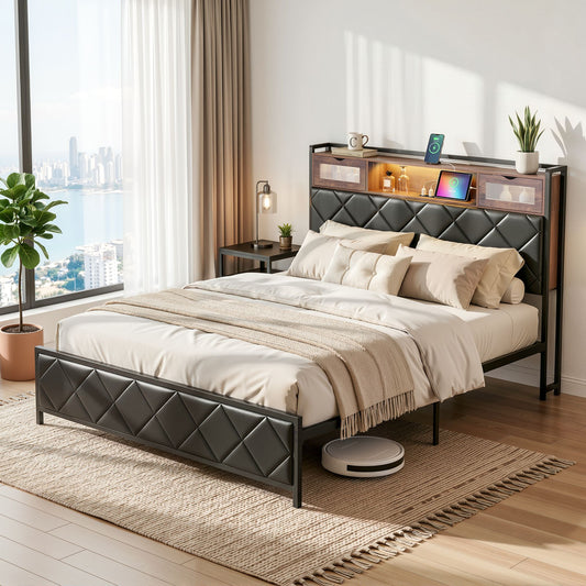 Muse Bed Frame with LED Lights Storage Headboard - Black Queen