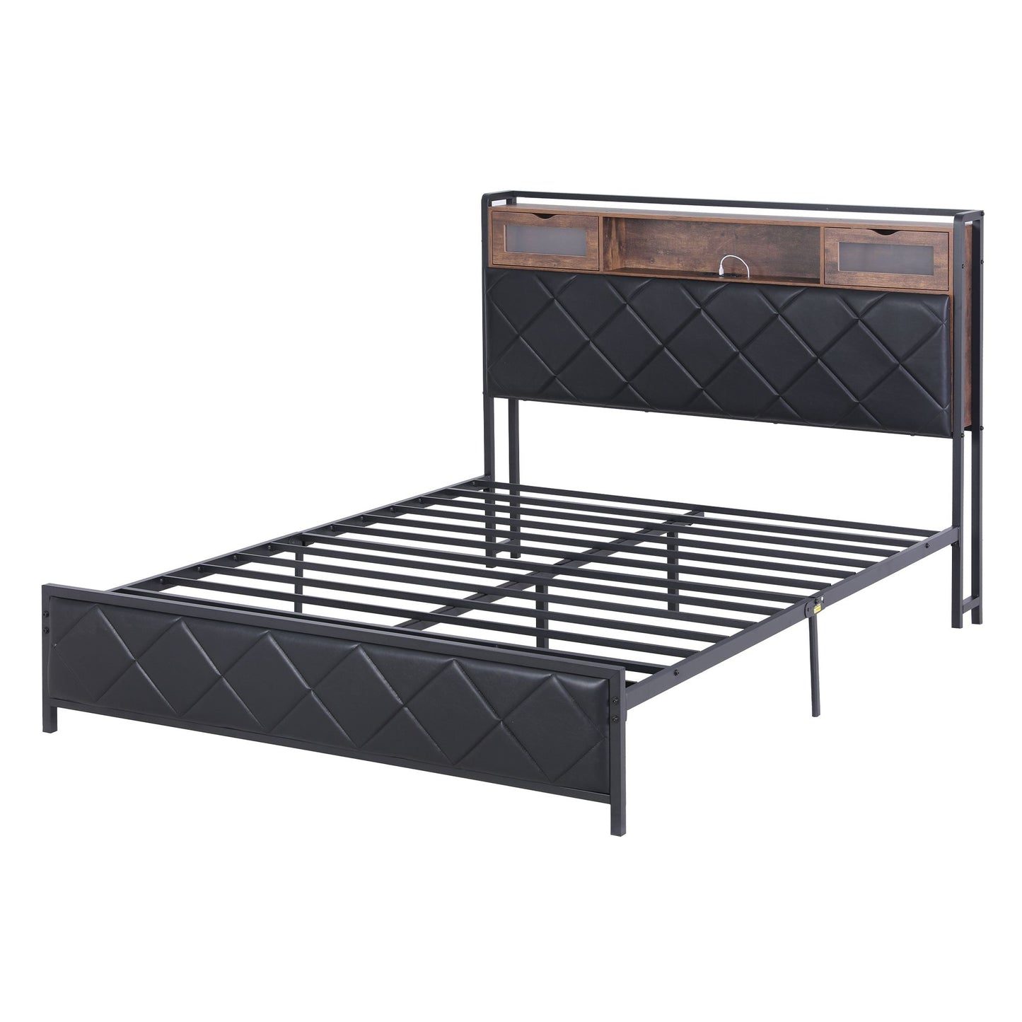 Muse Bed Frame with LED Lights Storage Headboard - Black Queen