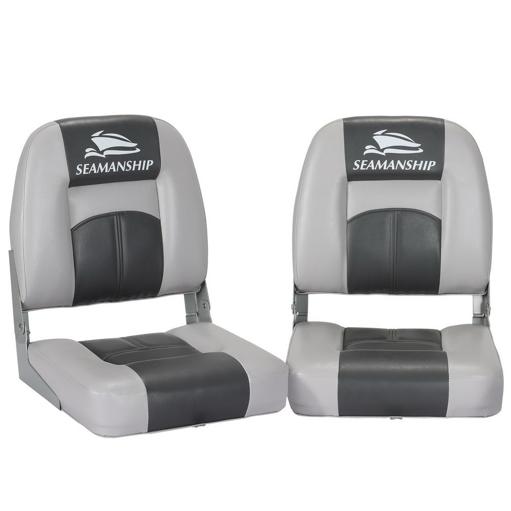 Set of 2 Folding Boat Seats Marine Swivel Low Back 10cm Padding Charcoal