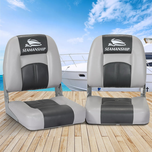 Set of 2 Folding Boat Seats Marine Swivel Low Back 10cm Padding Charcoal