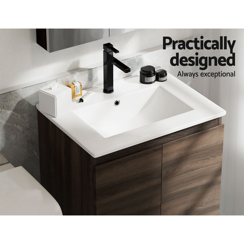 Bathroom Vanity Unit Ceramic Basin Cabinet Wall Mounted Storage 600mm Walnut