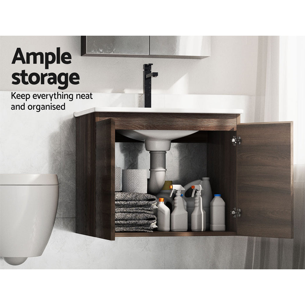 Bathroom Vanity Unit Ceramic Basin Cabinet Wall Mounted Storage 600mm Walnut