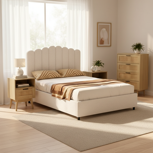 Beige bedroom set with bed, nightstands, and dresser in a bright room.