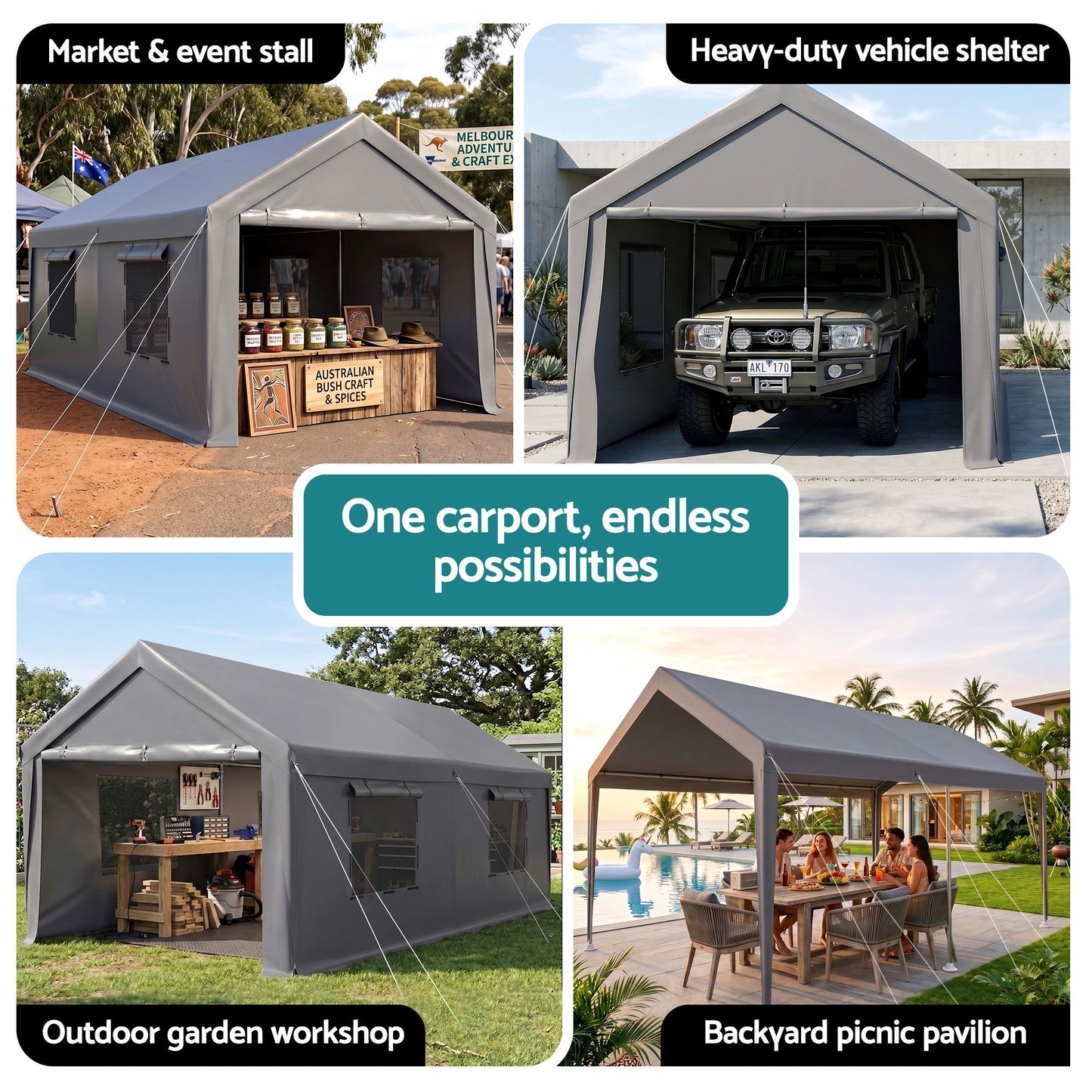 3x6m Carports Canopy Tent Portable Garage Outdoor Steel Shelter Grey