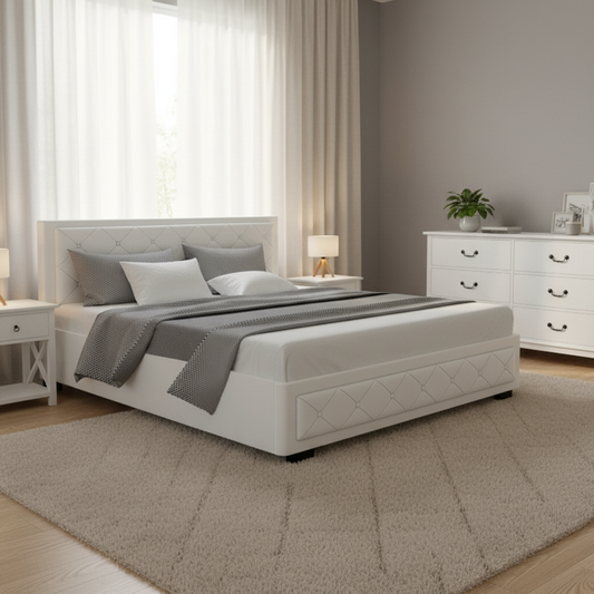 Cardiff King Bedroom Suite 5 Piece 1x King Mattress, 1x King Gas Lift Bed Frame, 1x Set of 2 Bedside Table and 1x White Tallboy