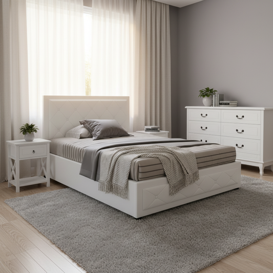 Cardiff King Single Bedroom Suite 5 Piece 1x King Single Mattress, 1x King Single Gas Lift Bed Frame, 1x Set of 2 Bedside Table and 1x White Tallboy