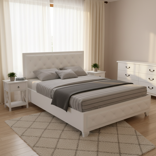 Cardiff Queen Bedroom Suite 5 Piece 1x Queen Mattress, 1x Queen Gas Lift Bed Frame, 1x Set of 2 Bedside Table and 1x White Tallboy