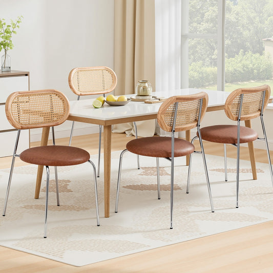 Leona Set of 4 Dining Chairs PU Leather Rattan Kitchen Lounge Cafe Accent Chair - Brown