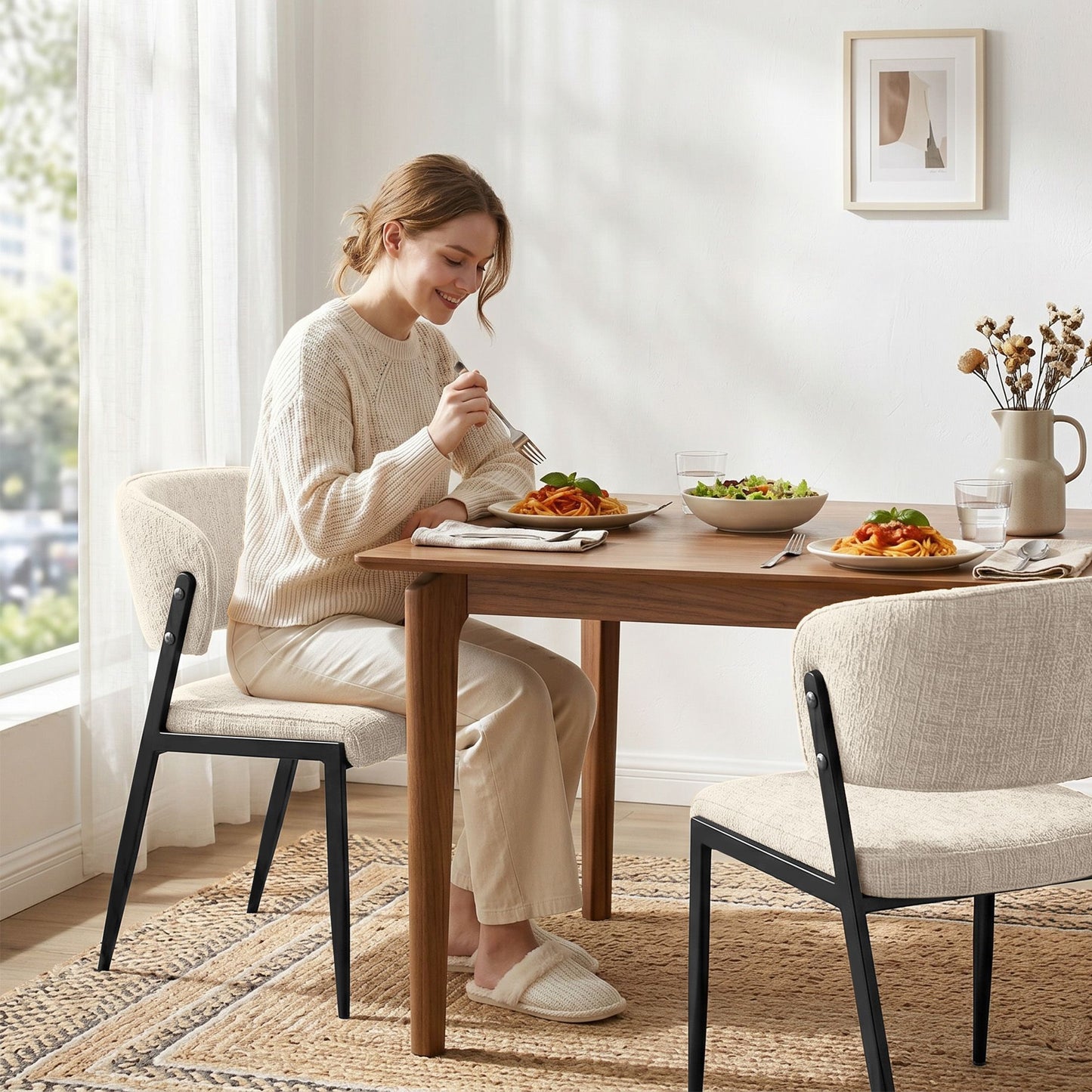 Keira Set of 2 Dining Chairs Linen Fabric Soft Upholstered Chairs - Beige