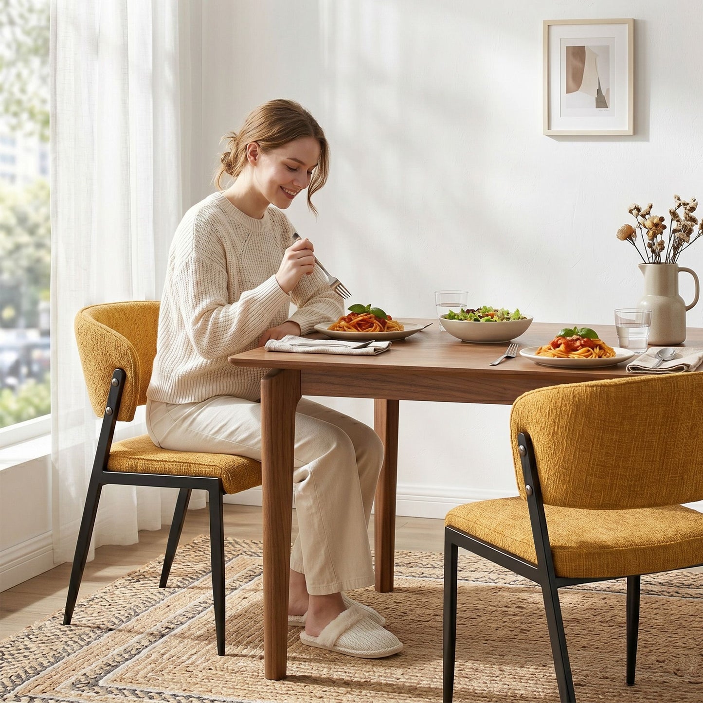 Keira Set of 2 Linen Fabric Soft Upholstered Chairs - Mustard
