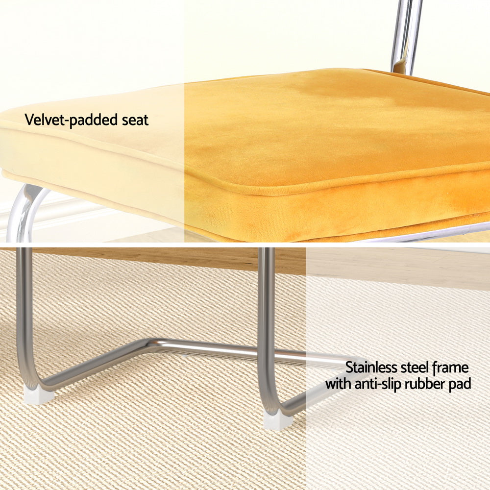 Agnes Set of 2 Dining Chairs Velvet Rattan Cantilever - Yellow