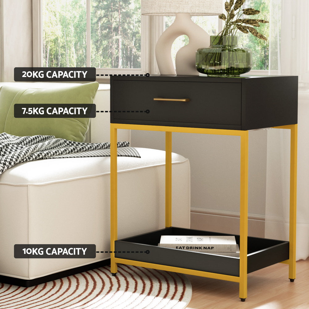 Calgary Wooden Bedside Tables Side Table Shelf Bedroom Furniture Nightstand - Black