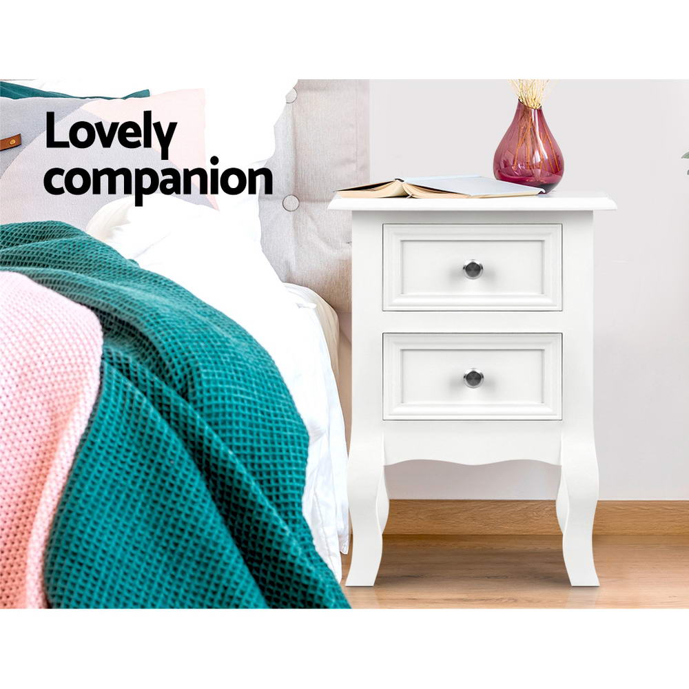Moncton MDF Paulownia Wood Bedside Tables Side Table French Storage Cabinet Nightstand Lamp with 2 Drawers - White