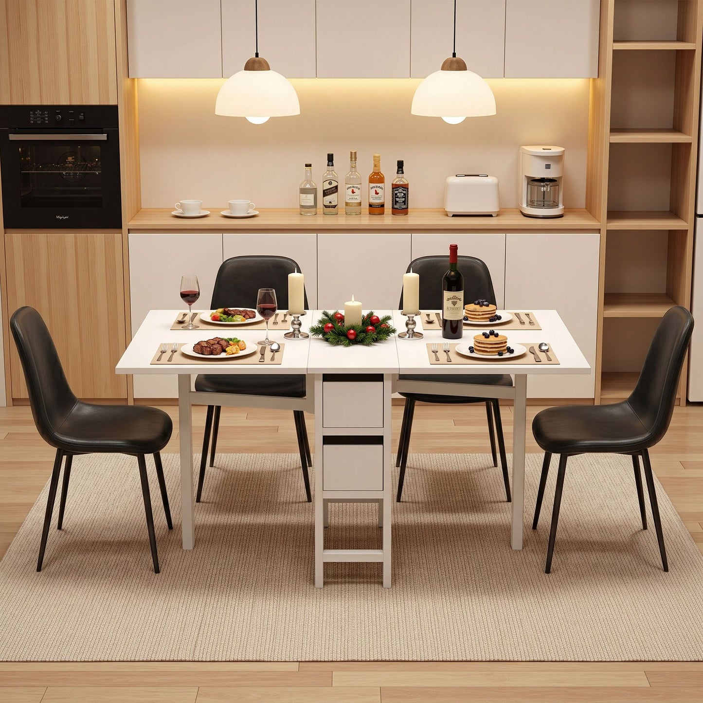 5-Piece Fulva Black and White Dining Table & Chair Set Foldable with 2 Drawers