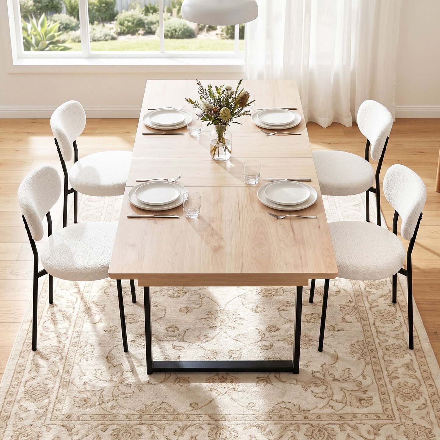 5-Piece Breno White Dining Table & Chair Set 200cm Extendable Table Sherpa