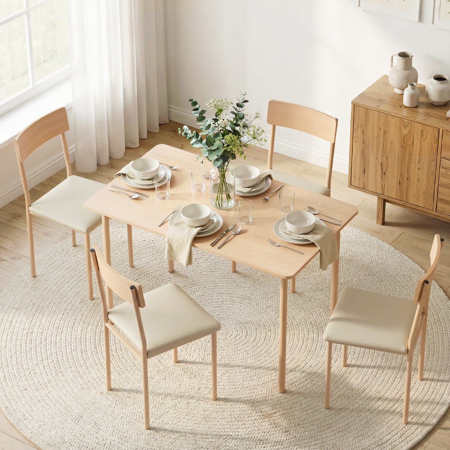 5-Piece Neria Beige Dining Table & Chair Set Compact Kitchen Furniture Natural