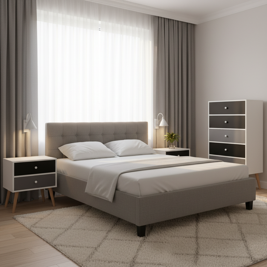 Derry Queen Bedroom Suite 5 Piece 1x Queen Mattress, 1x Queen Bed Frame Fabric, 2x Two-tone Bedside Tables and 1x Tallboy