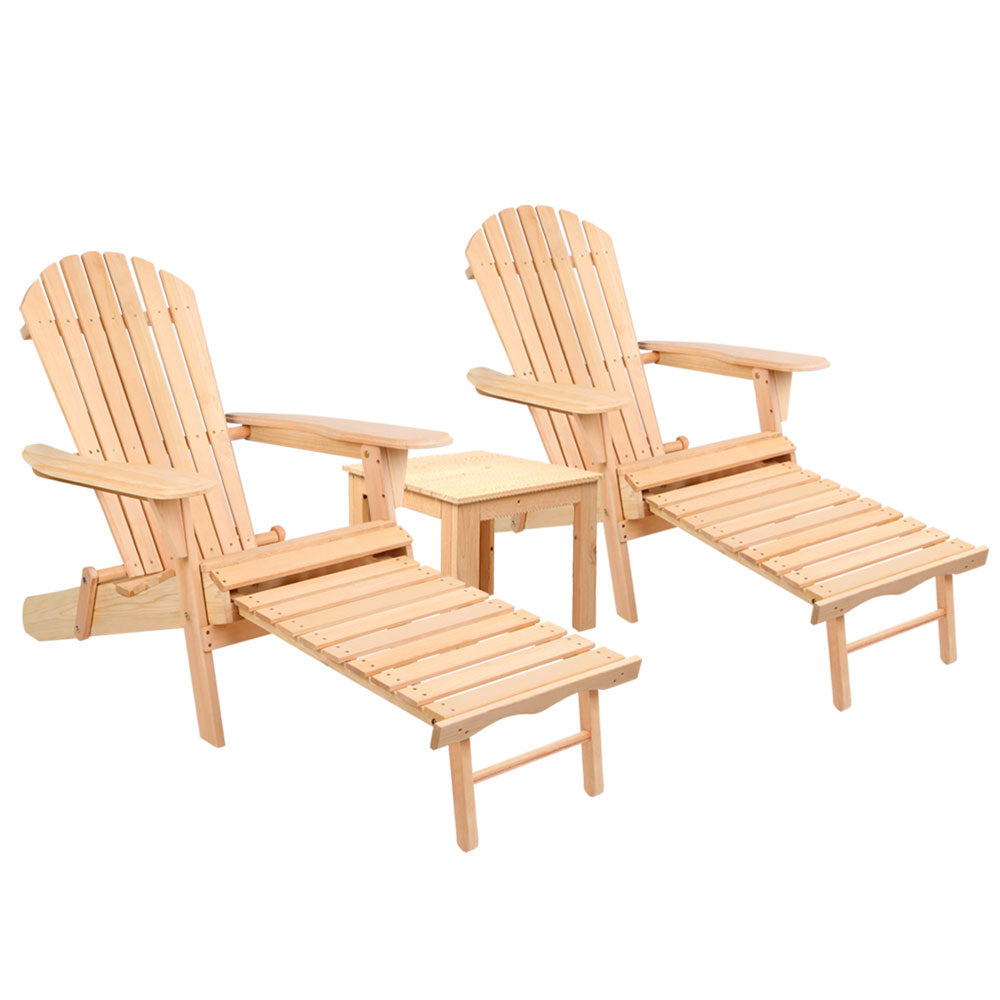 Keaton 3-Piece Adirondack Outdoor Sun Lounge Beach Chair Furniture Patio Garden - Wood