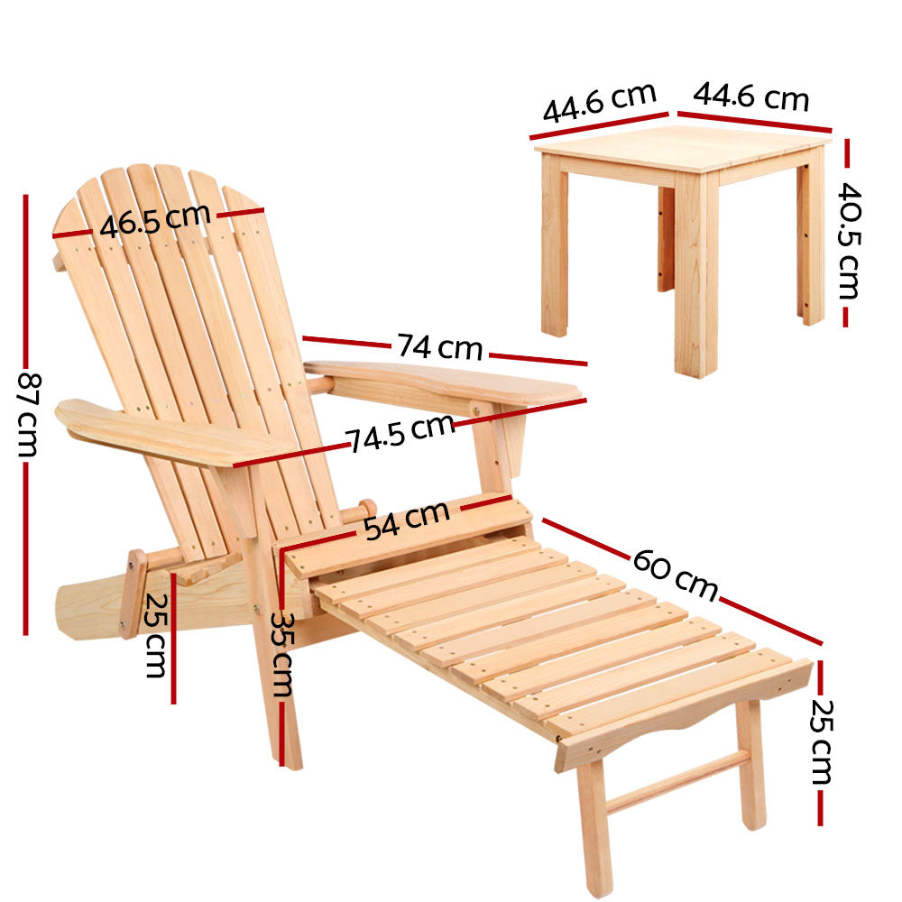 Keaton 3-Piece Adirondack Outdoor Sun Lounge Beach Chair Furniture Patio Garden - Wood