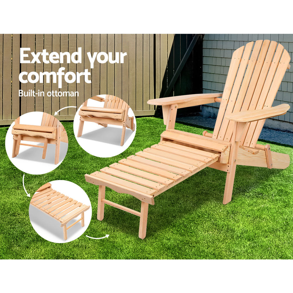 Keaton 3-Piece Adirondack Outdoor Sun Lounge Beach Chair Furniture Patio Garden - Wood