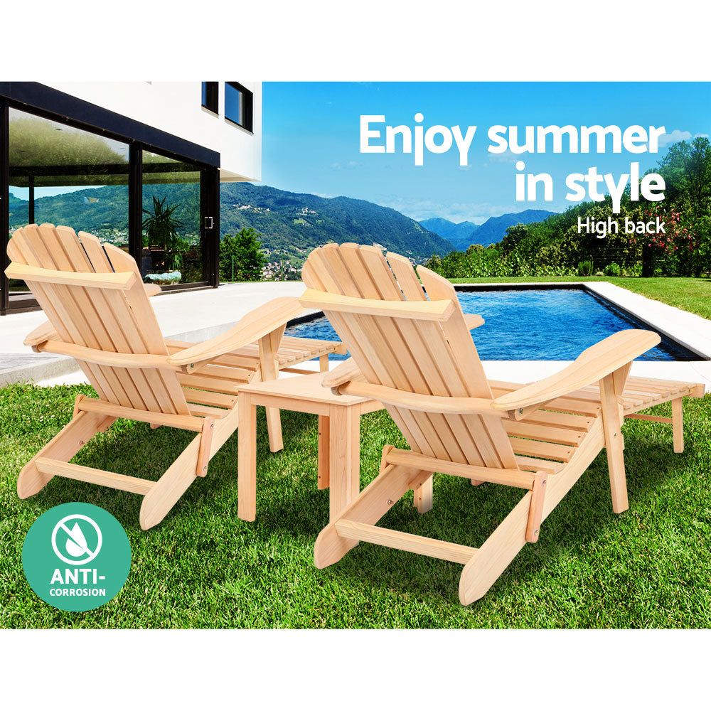 Keaton 3-Piece Adirondack Outdoor Sun Lounge Beach Chair Furniture Patio Garden - Wood