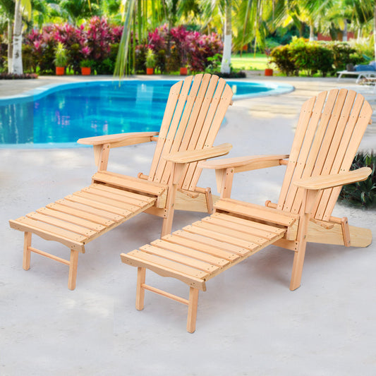 Adirondack Gardeon 2PC Outdoor Chairs Wooden Sun Lounge Patio Furniture Garden Natural